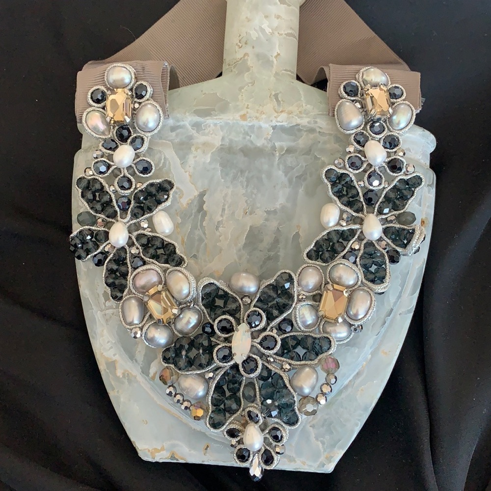 Beaded Black and Grey Ribbon Tie Statement Necklace